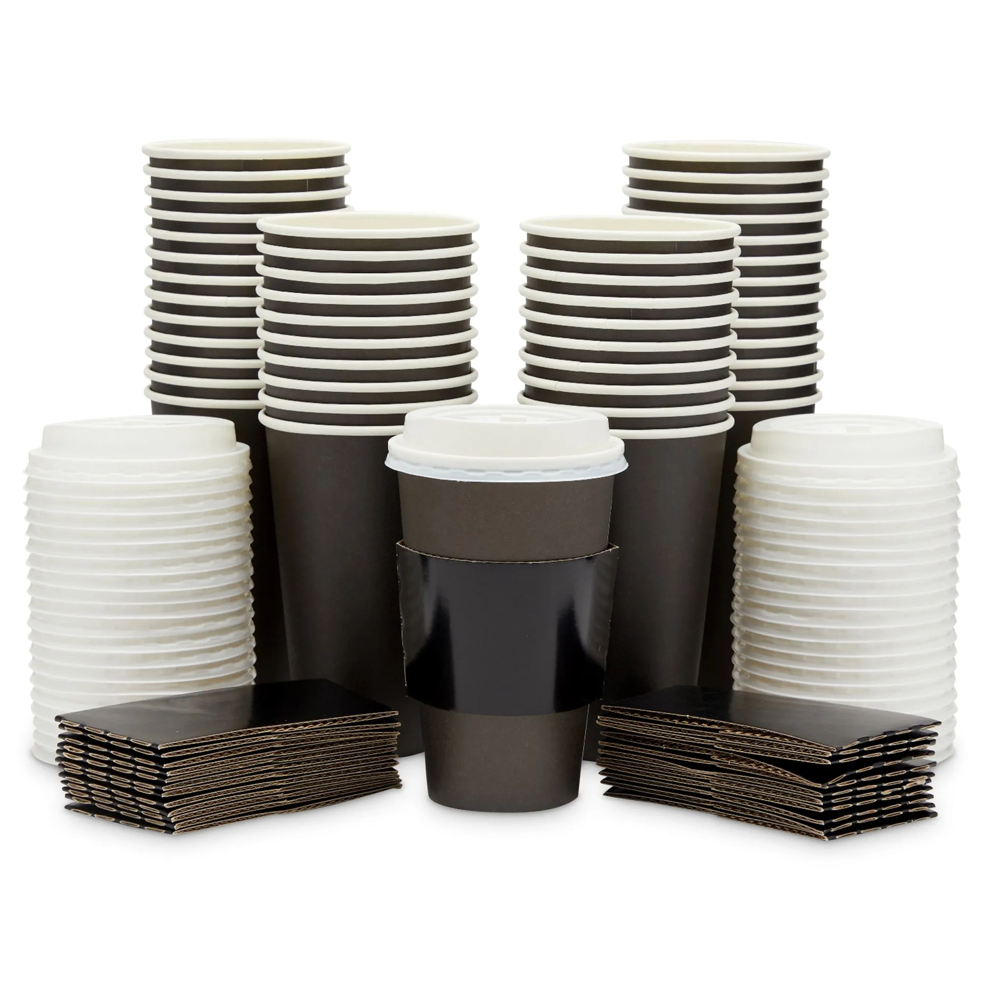 16 oz Disposable Coffee Cups with Lids and Sleeves for Hot To Go Drinks (Black, Set of 48)